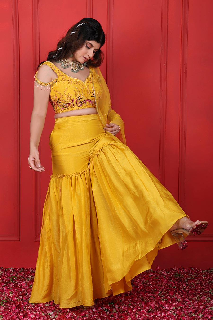 Yellow Tissue Embroidered Sharara Set