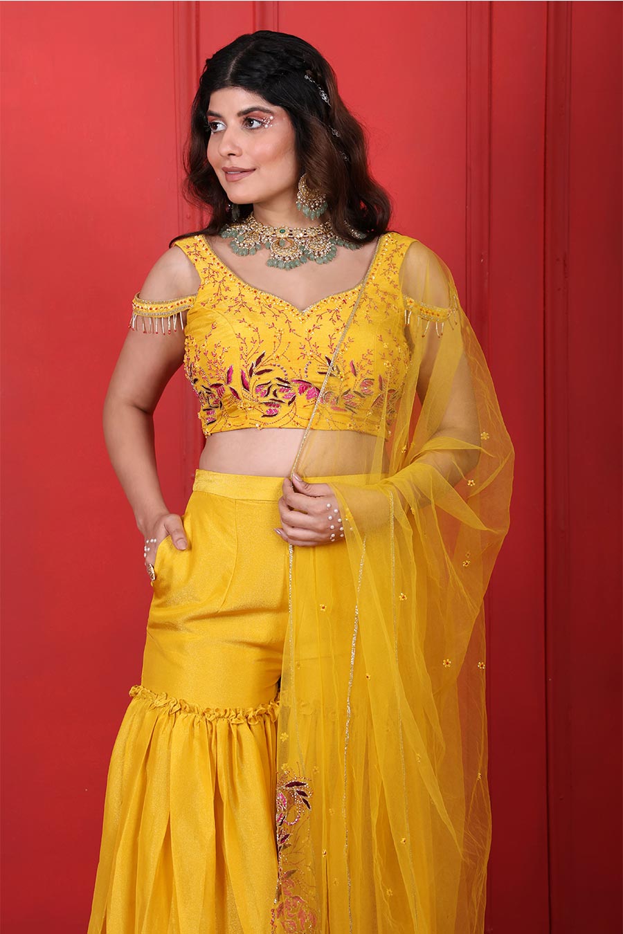 Yellow Tissue Embroidered Sharara Set
