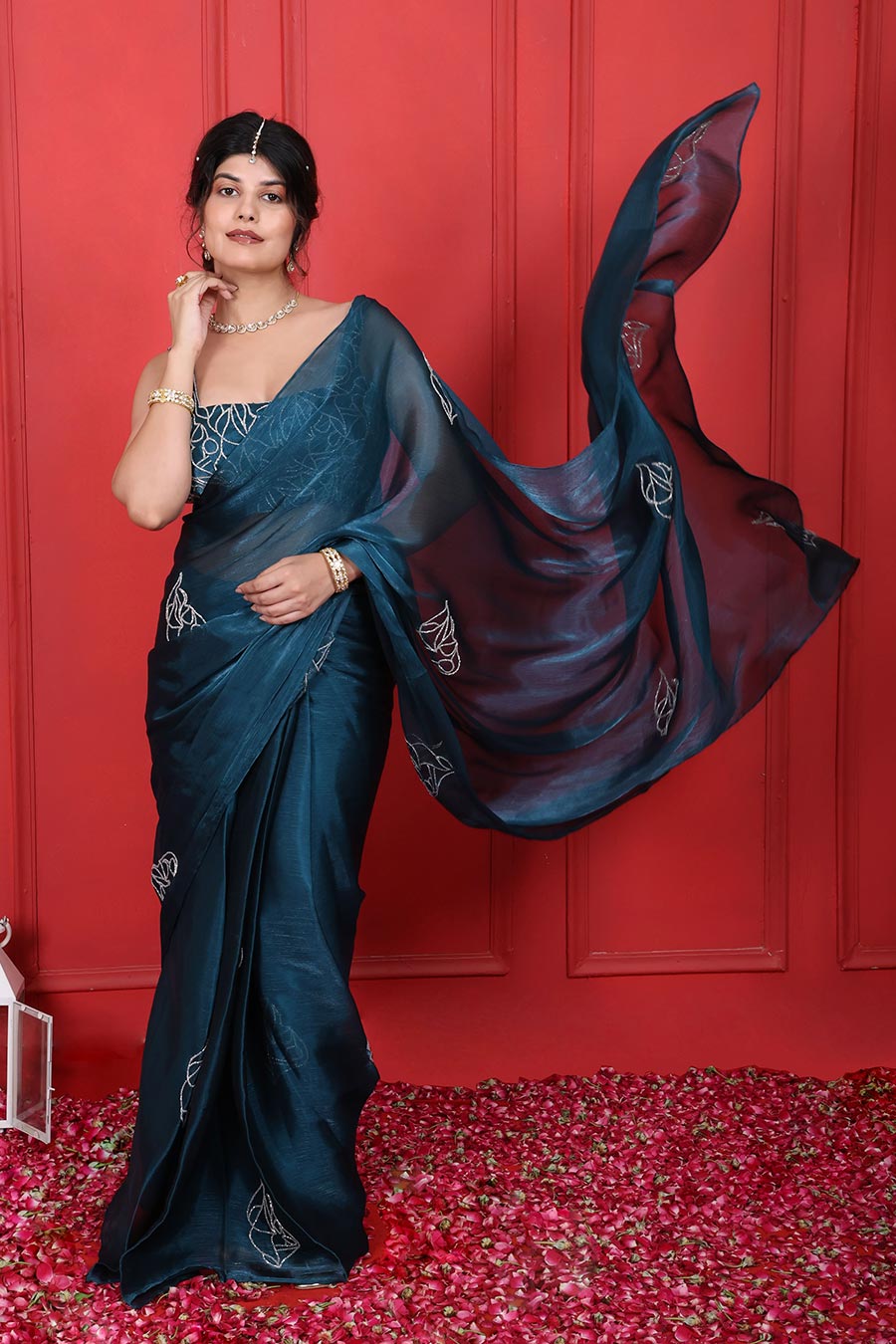 Blue Crush Tissue Embroidered Saree Set