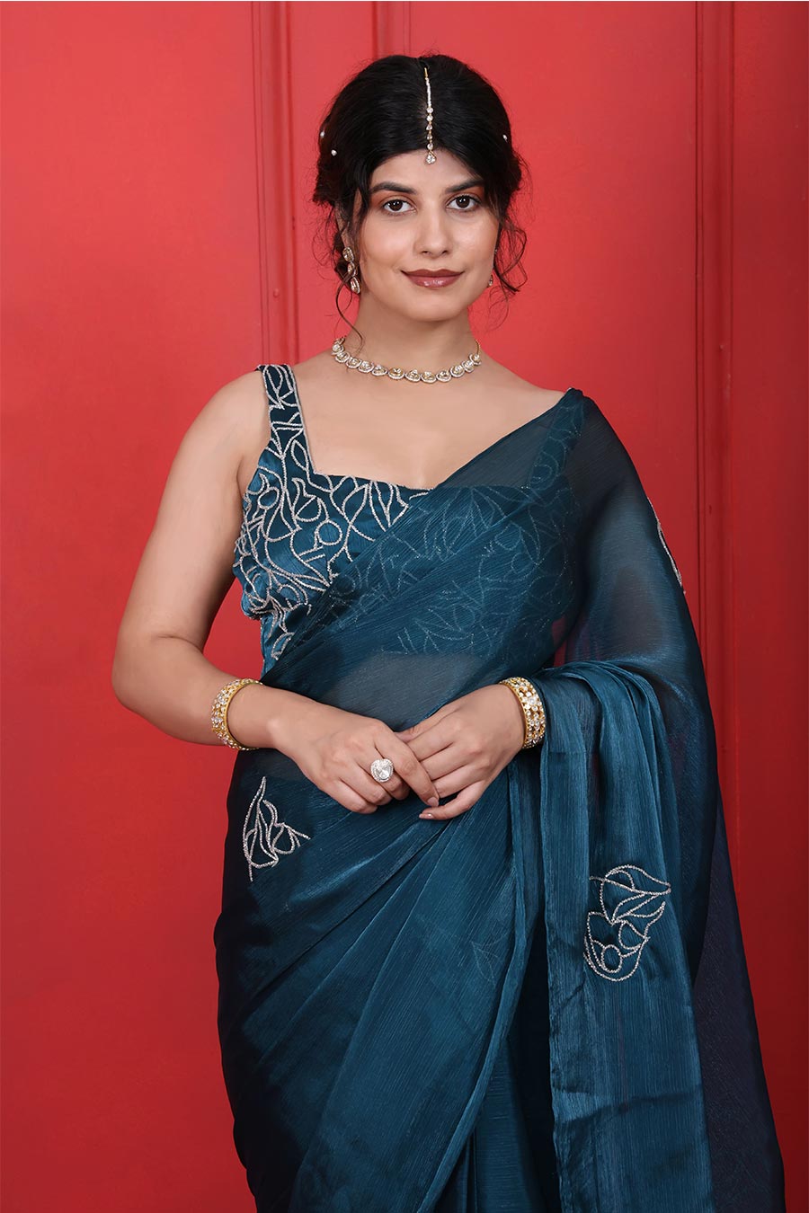 Blue Crush Tissue Embroidered Saree Set