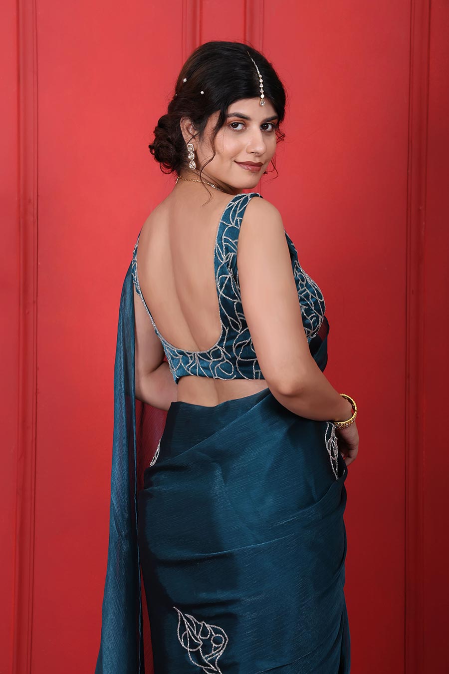 Blue Crush Tissue Embroidered Saree Set