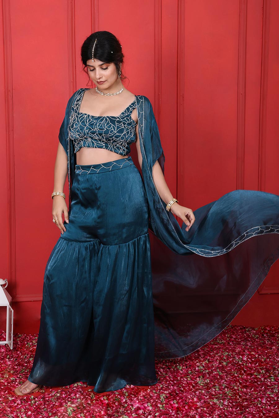 Blue Crush Tissue Embroidered 3Pc Cape Sharara Set