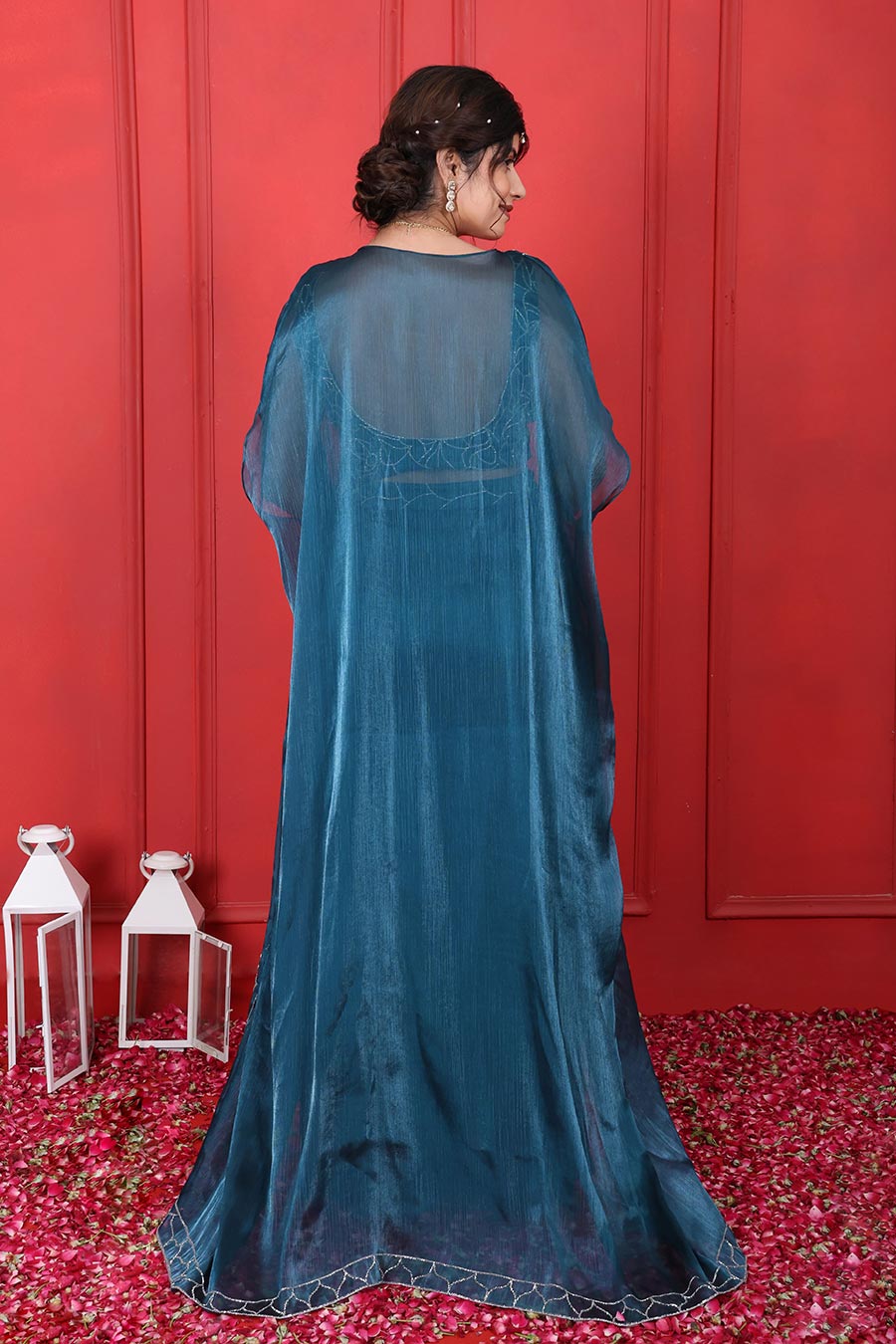 Blue Crush Tissue Embroidered 3Pc Cape Sharara Set