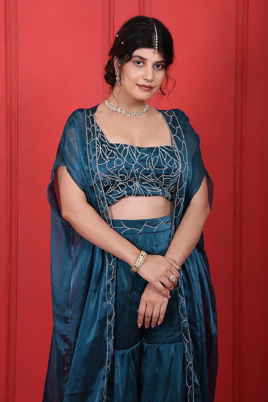 Blue Crush Tissue Embroidered 3Pc Cape Sharara Set