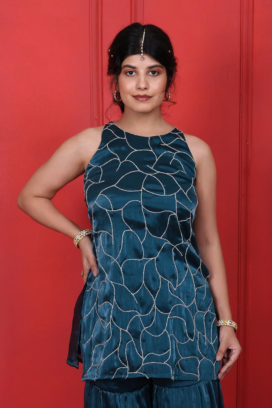 Blue Crush Tissue Embroidered 2Pc Kurta Sharara Set