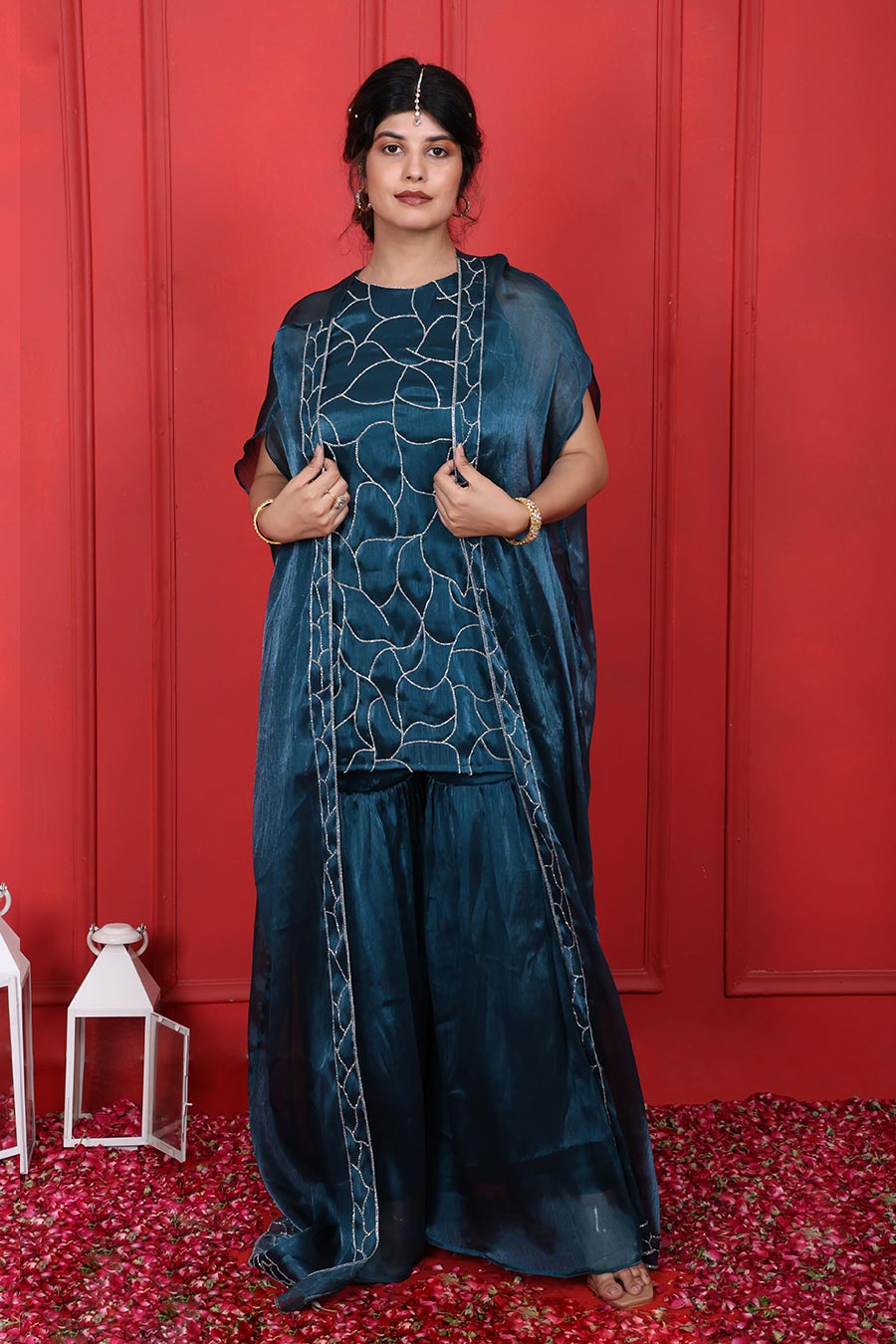 Blue Crush Tissue Embroidered 3Pc Cape Sharara Set