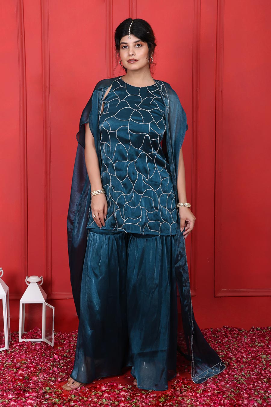 Blue Crush Tissue Embroidered 3Pc Cape Sharara Set
