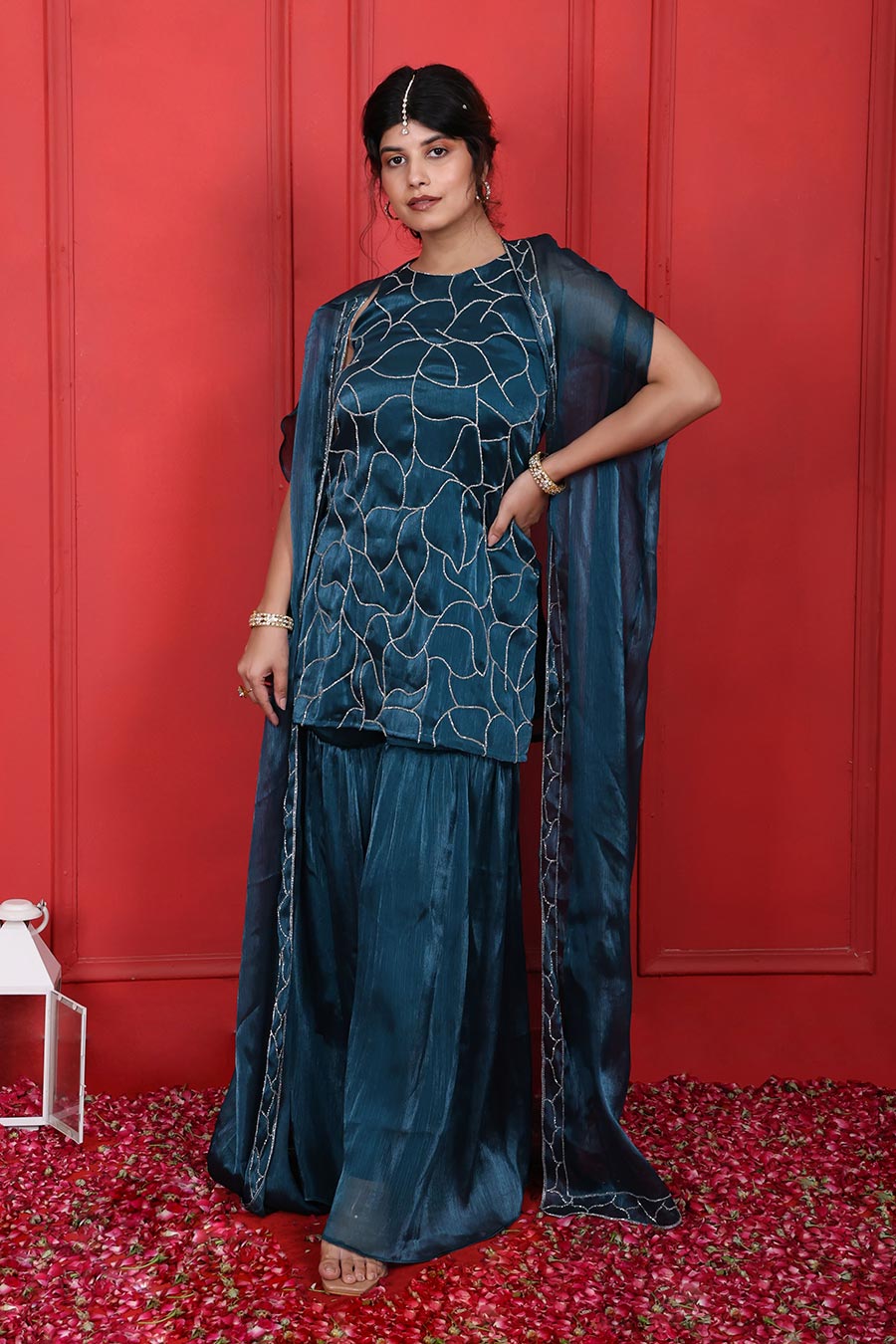 Blue Crush Tissue Embroidered 3Pc Cape Sharara Set