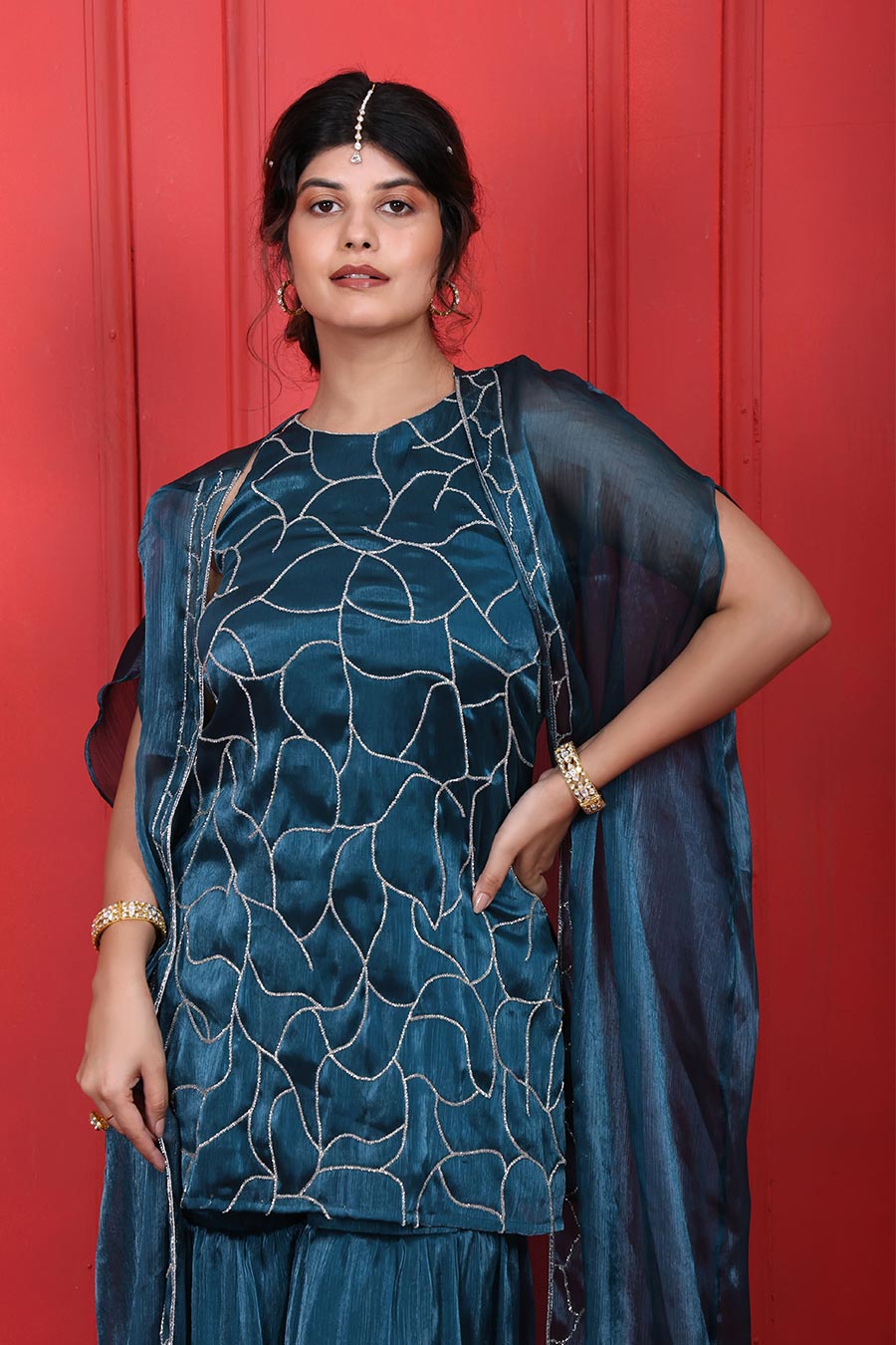 Blue Crush Tissue Embroidered 3Pc Cape Sharara Set