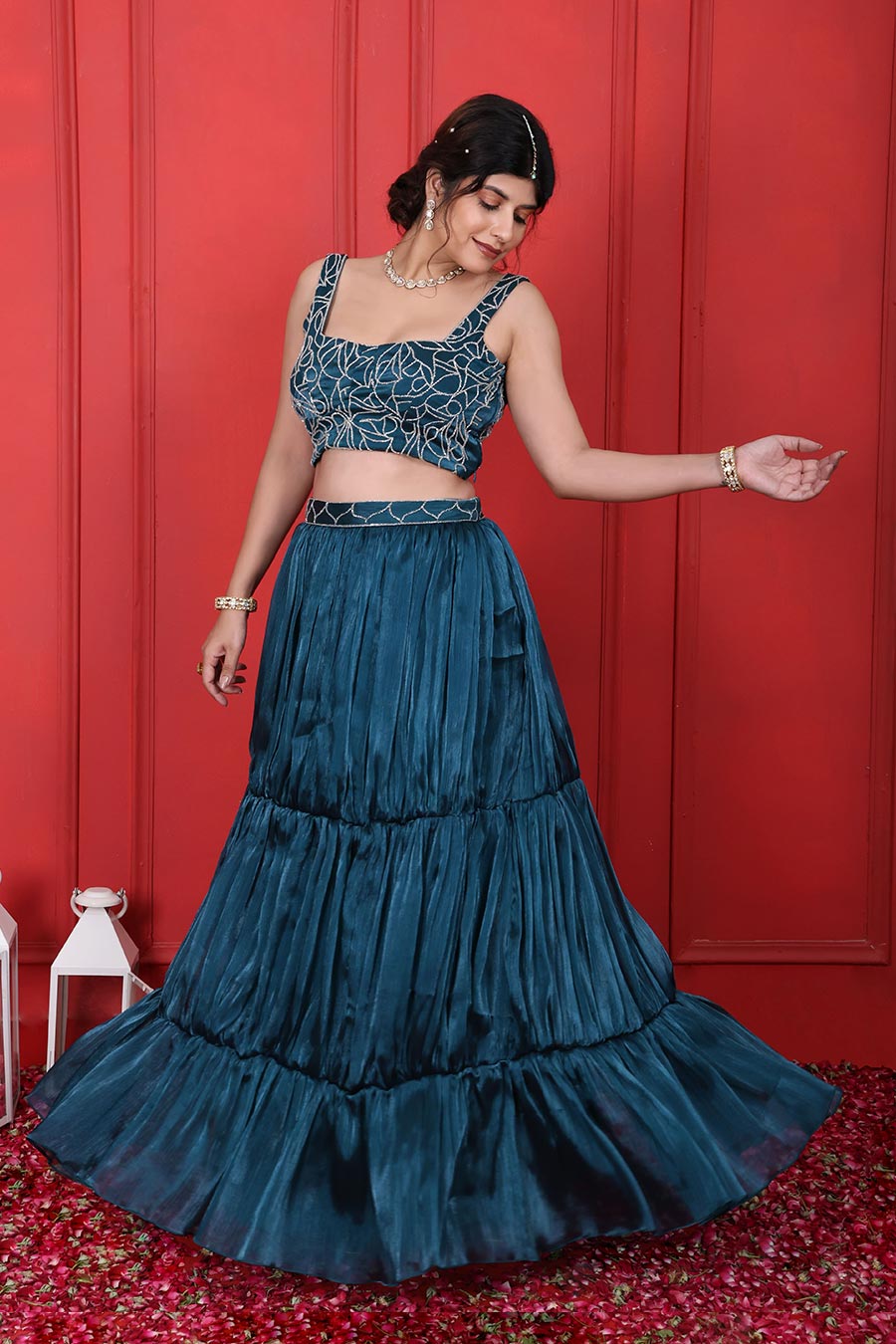 Blue Crush Tissue Embroidered 2Pc Lehenga Set