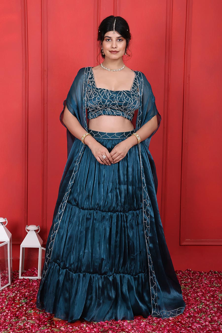 Blue Crush Tissue Embroidered 3Pc Cape Lehenga Set