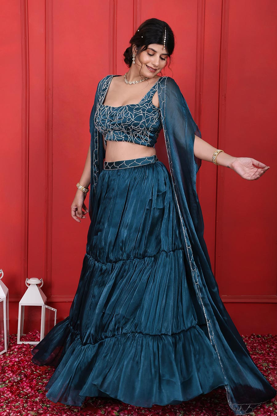 Blue Crush Tissue Embroidered 3Pc Cape Lehenga Set