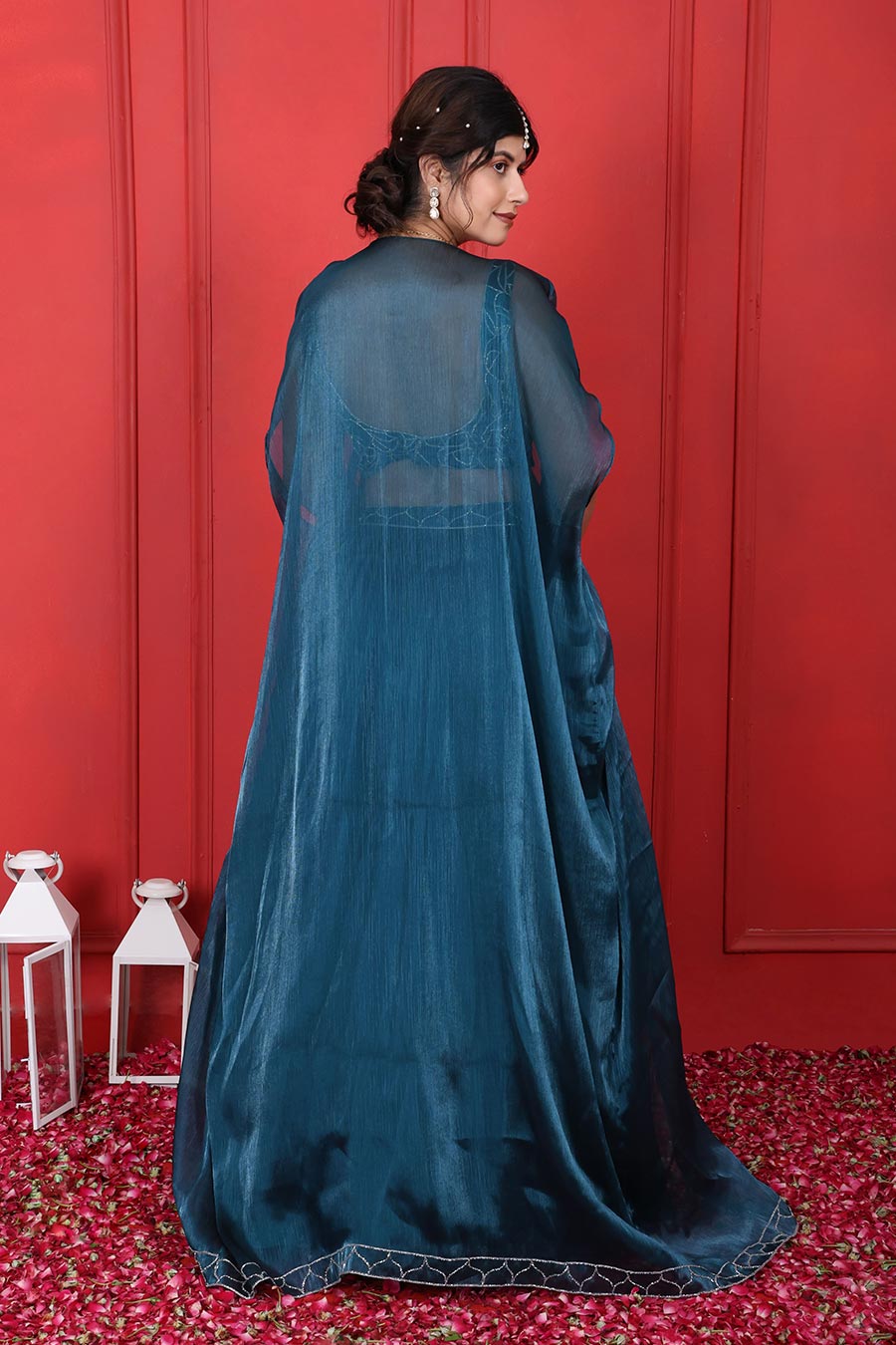 Blue Crush Tissue Embroidered 3Pc Cape Lehenga Set