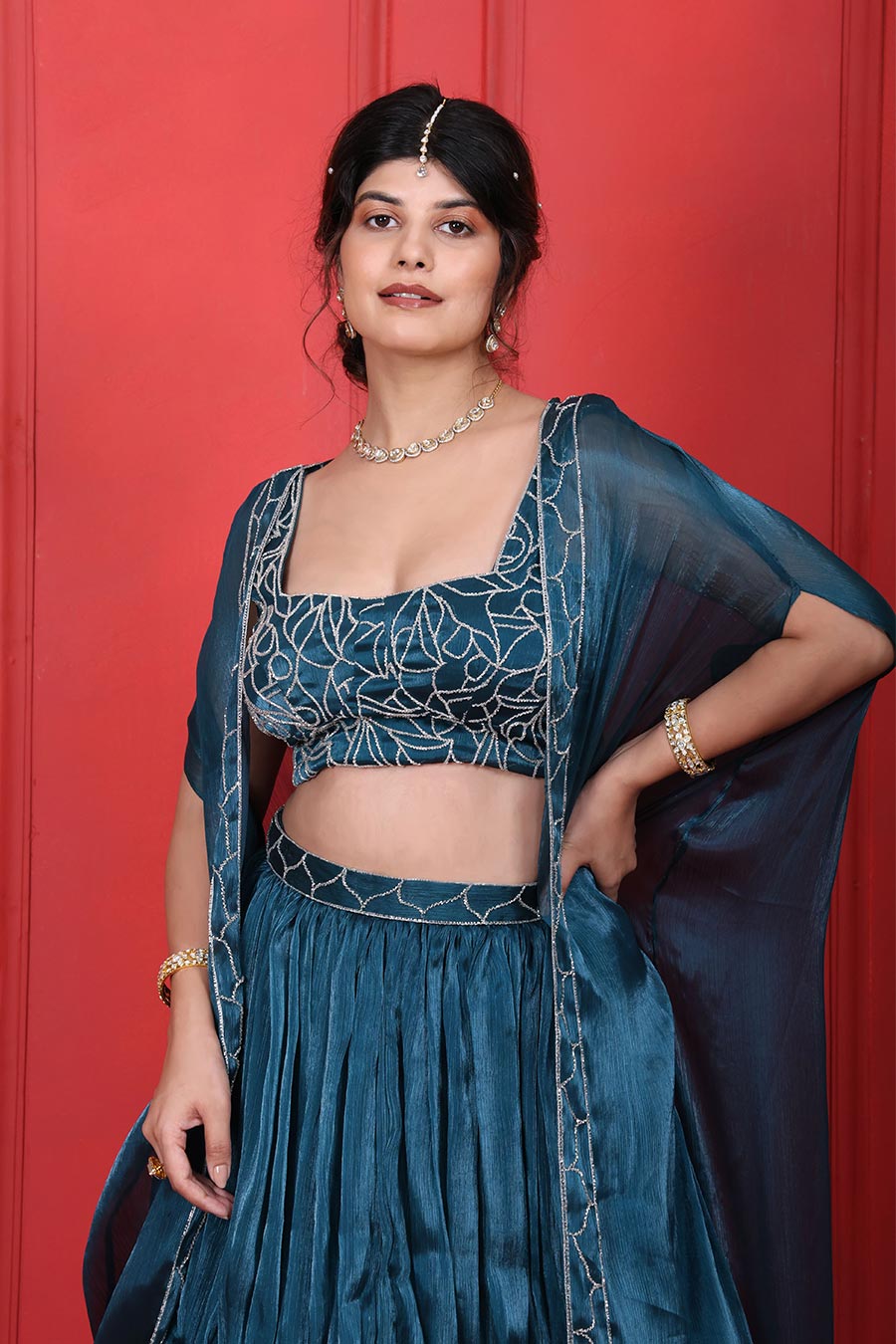 Blue Crush Tissue Embroidered 3Pc Cape Lehenga Set