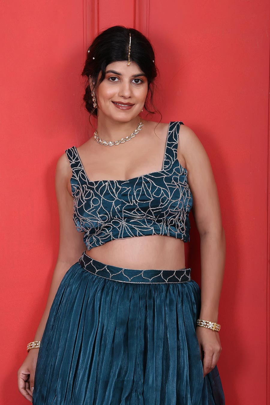Blue Crush Tissue Embroidered 3Pc Cape Lehenga Set