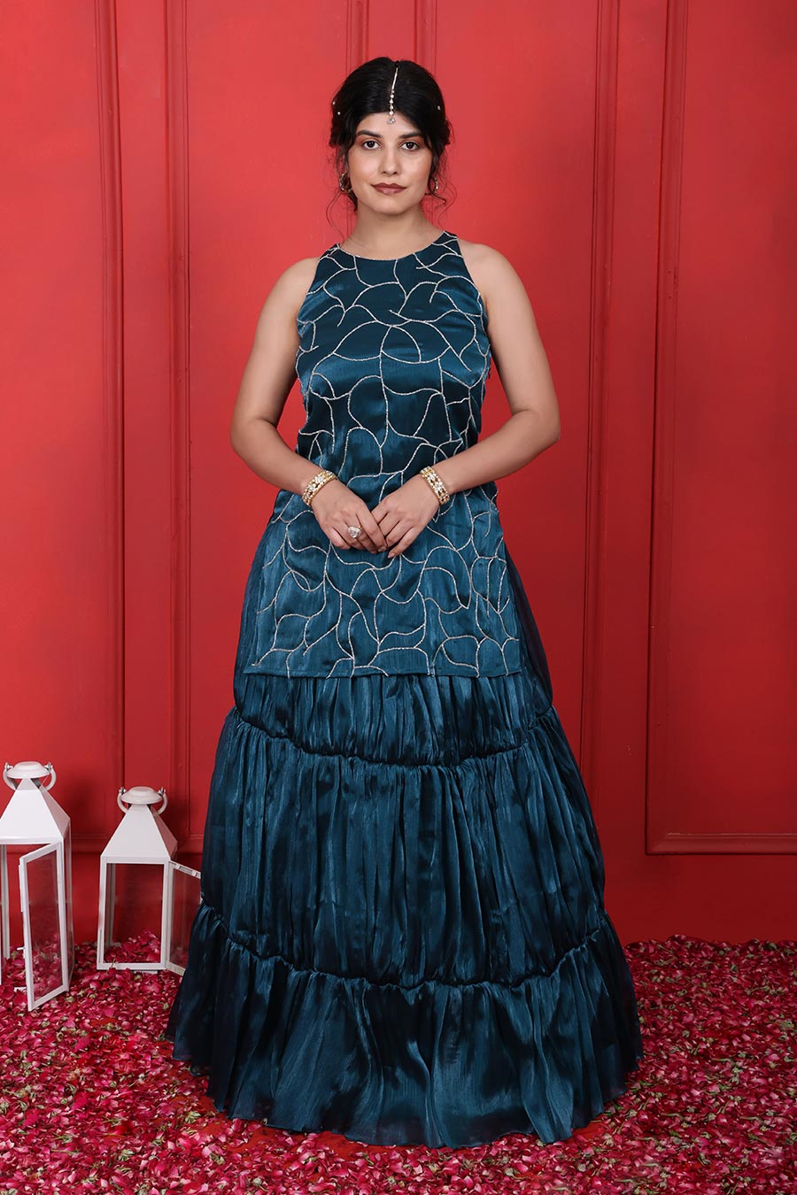 Blue Crush Tissue Embroidered 2Pc Kurta Lehenga Set