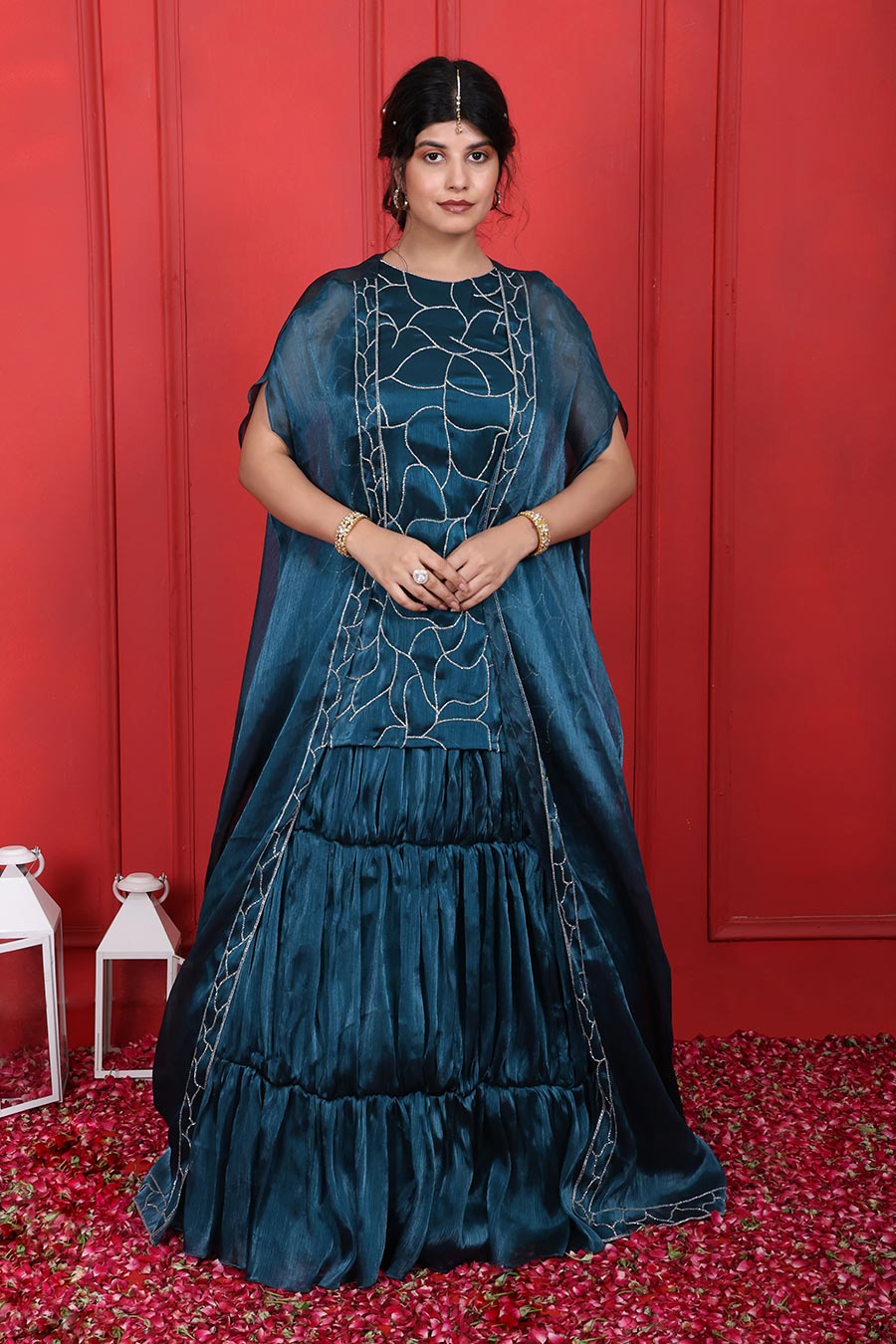 Blue Crush Tissue Embroidered 3Pc Cape Lehenga Set