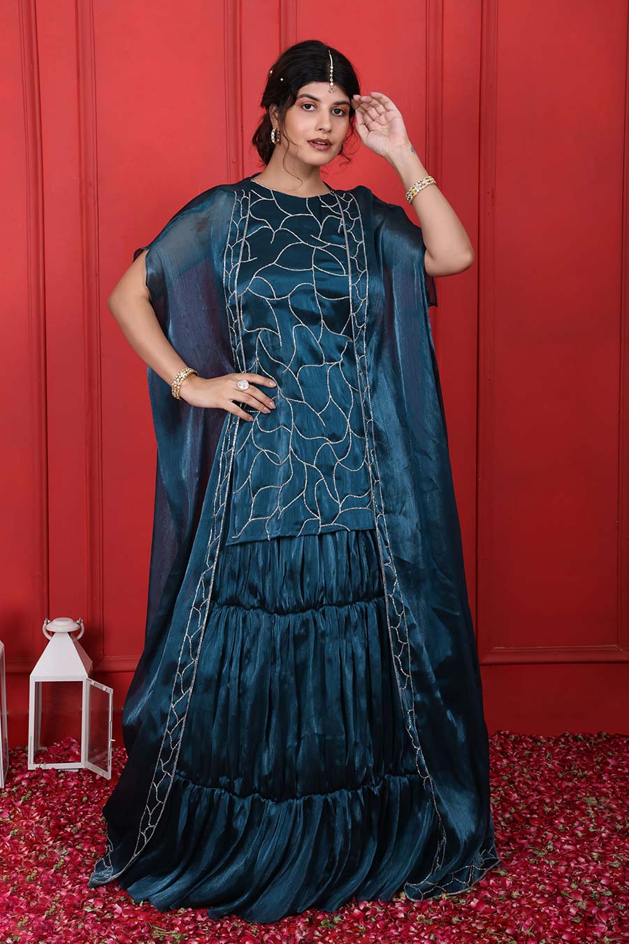 Blue Crush Tissue Embroidered 3Pc Cape Lehenga Set