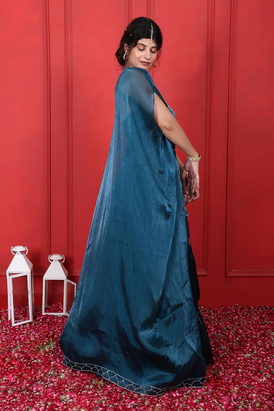 Blue Crush Tissue Embroidered 3Pc Cape Lehenga Set