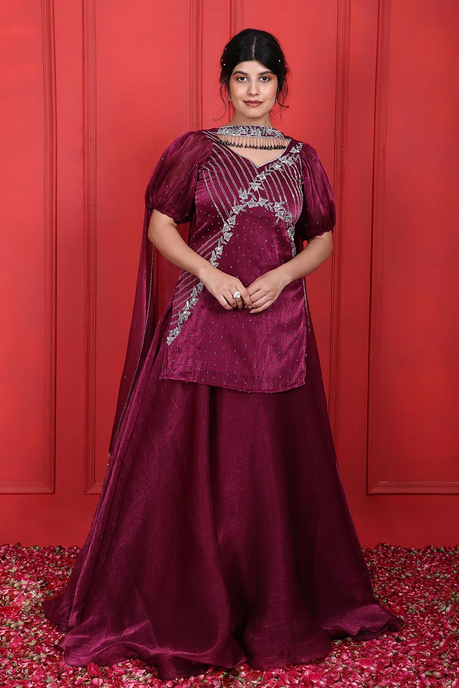 Purple Tissue Embroidered Lehenga Set With Choker Dupatta
