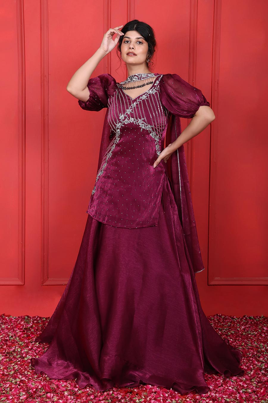 Purple Tissue Embroidered Lehenga Set With Choker Dupatta