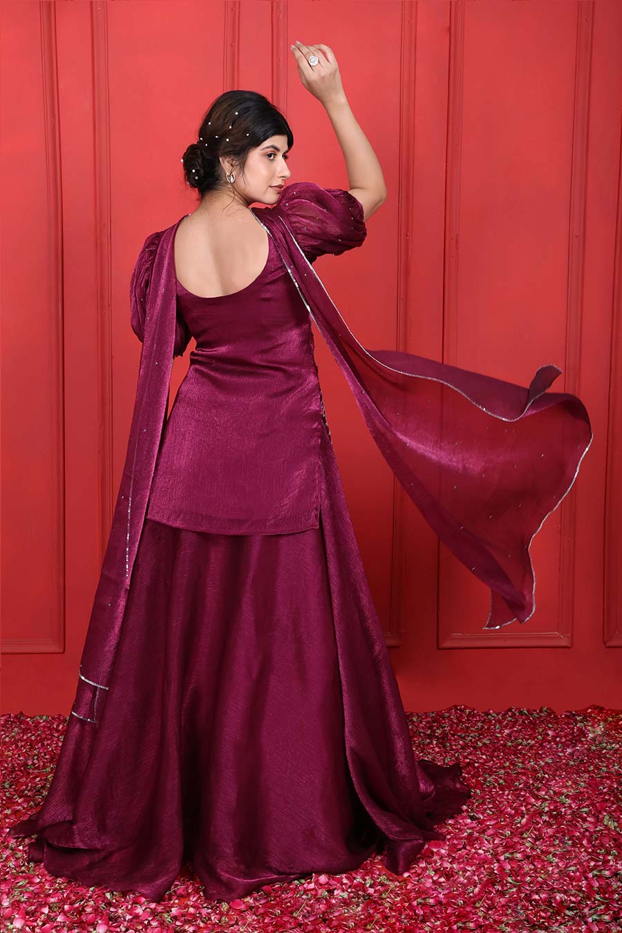 Purple Tissue Embroidered Lehenga Set With Choker Dupatta