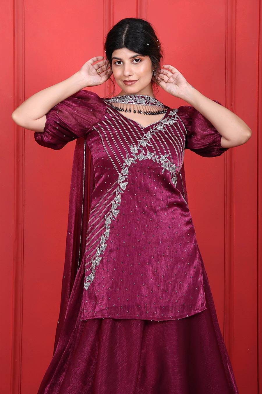 Purple Tissue Embroidered Lehenga Set With Choker Dupatta