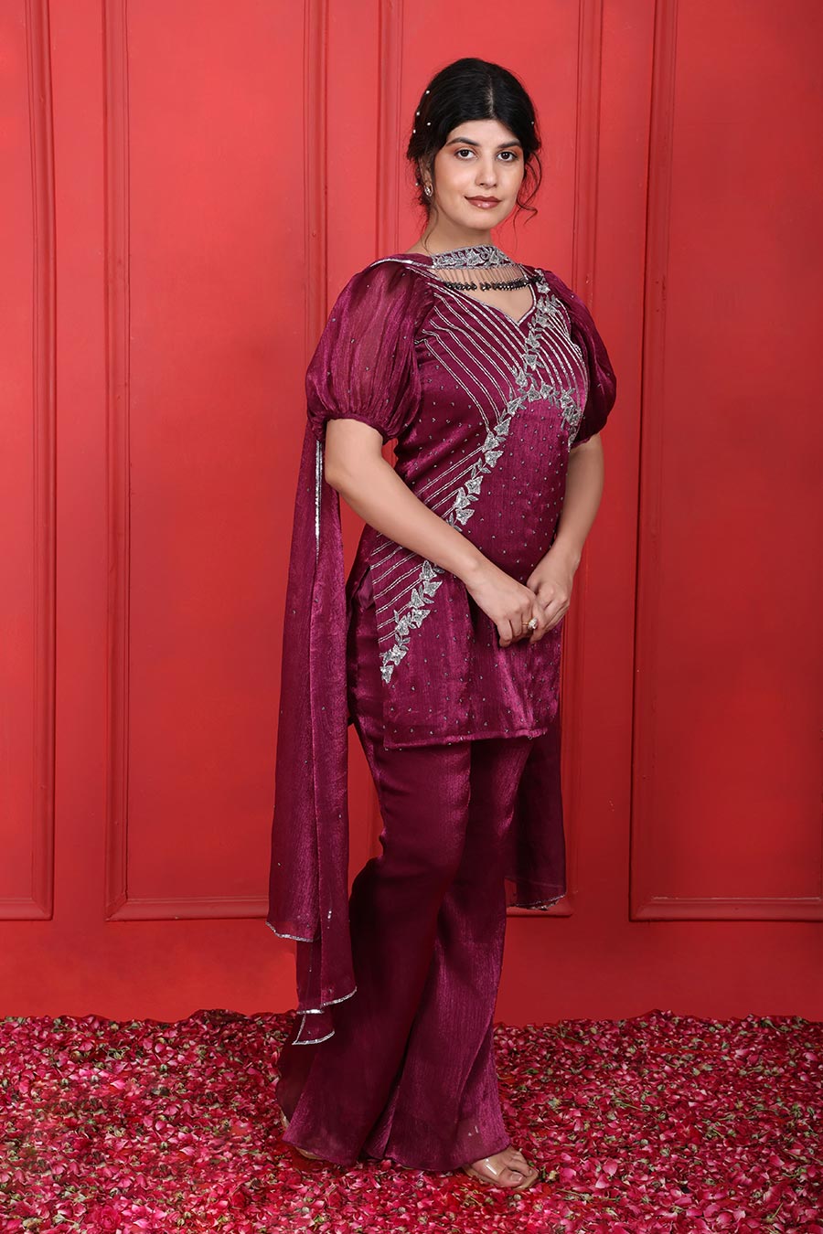 Purple Tissue Embroidered Kurta Set With Choker Dupatta