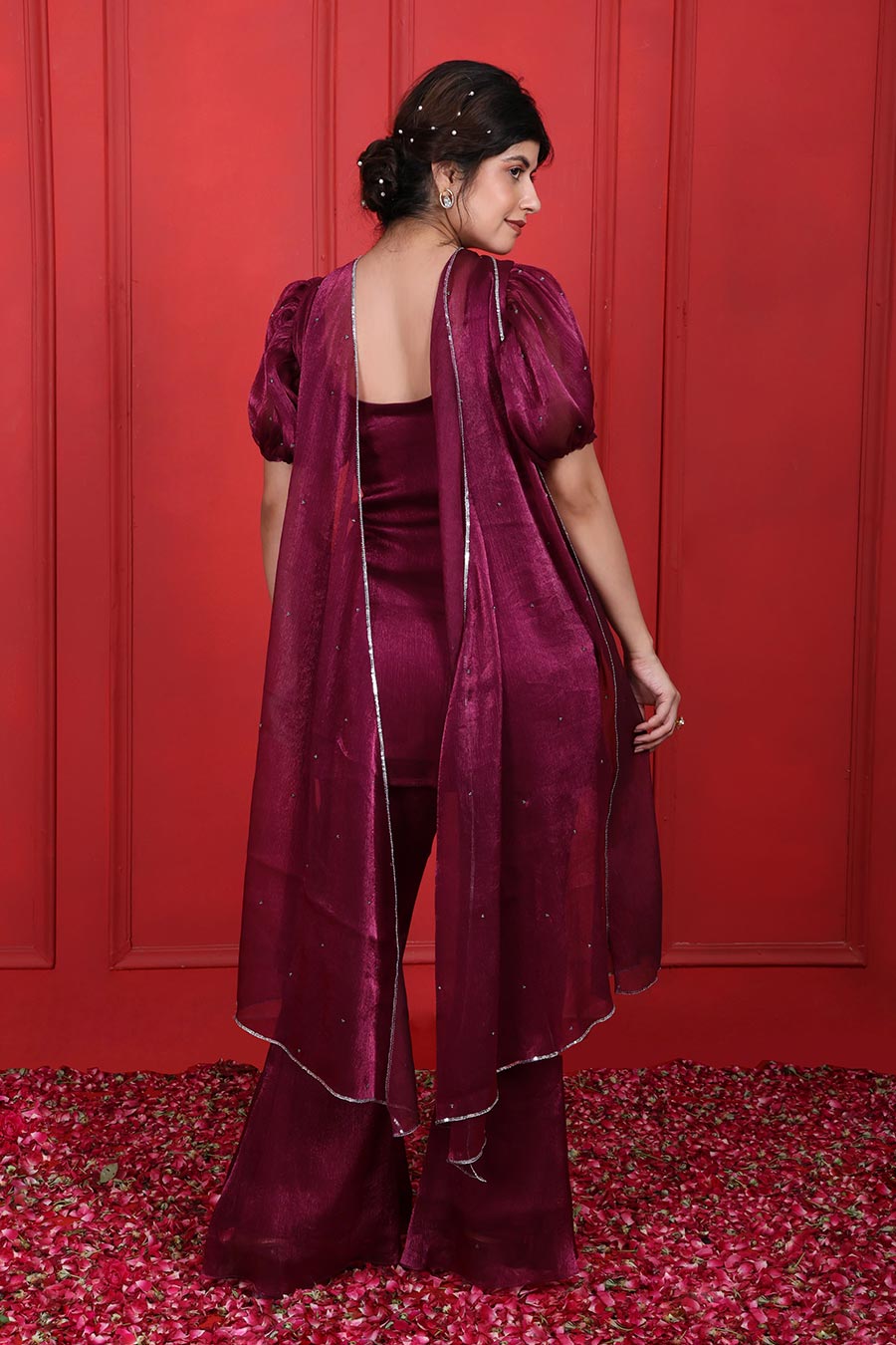 Purple Tissue Embroidered Kurta Set With Choker Dupatta