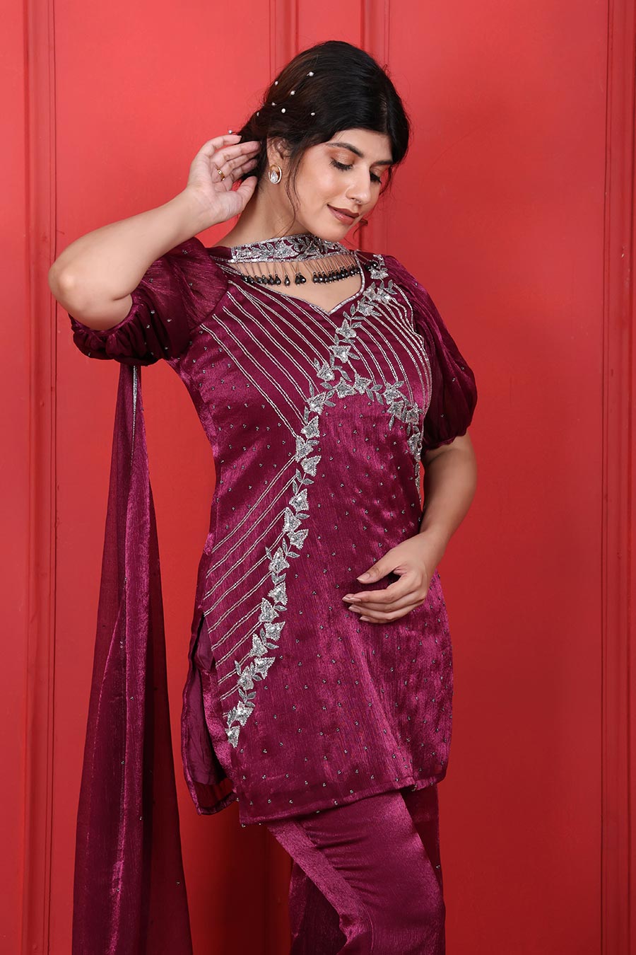 Purple Tissue Embroidered Kurta Set With Choker Dupatta
