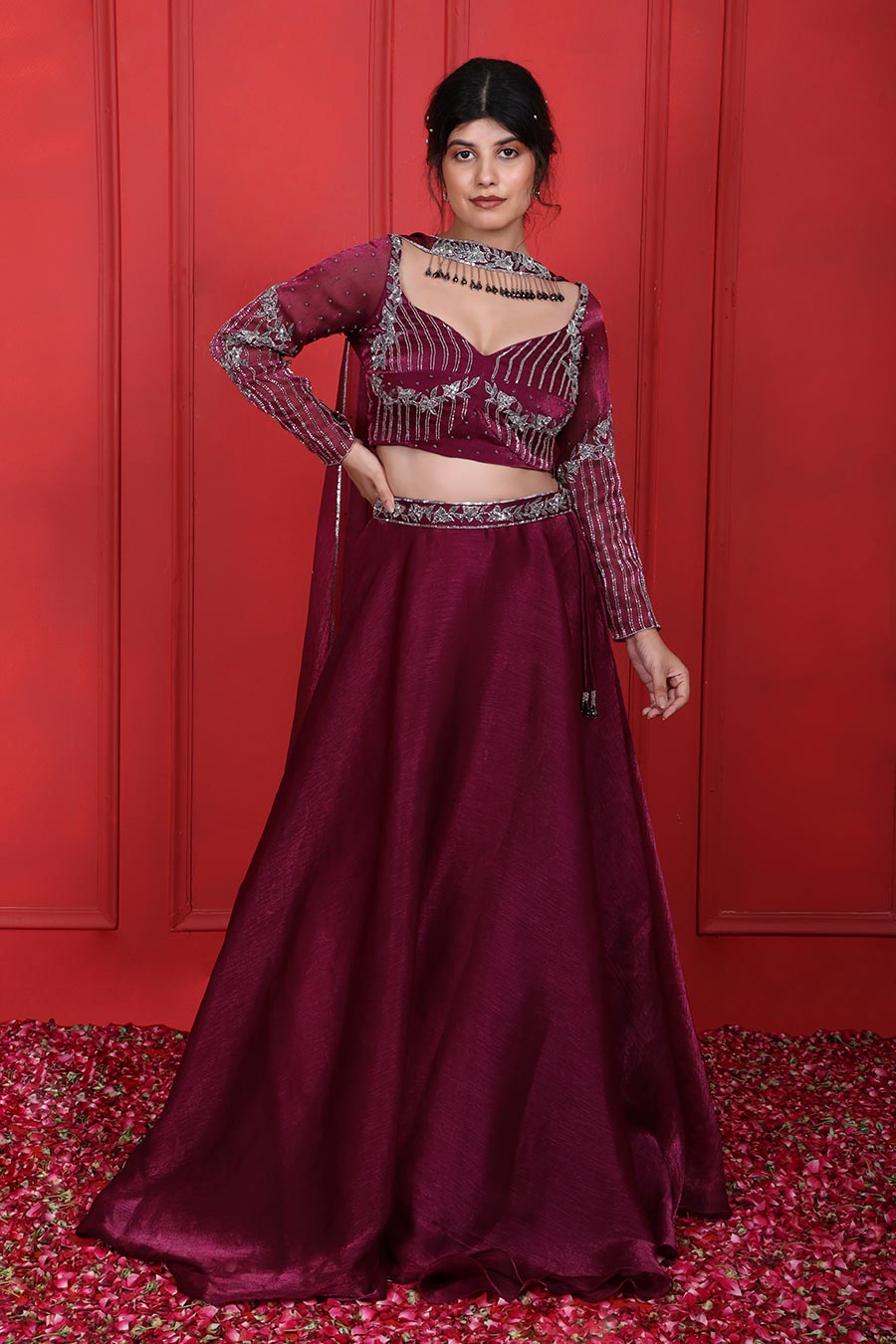 Purple Tissue Embroidered Lehenga Set With Choker Dupatta