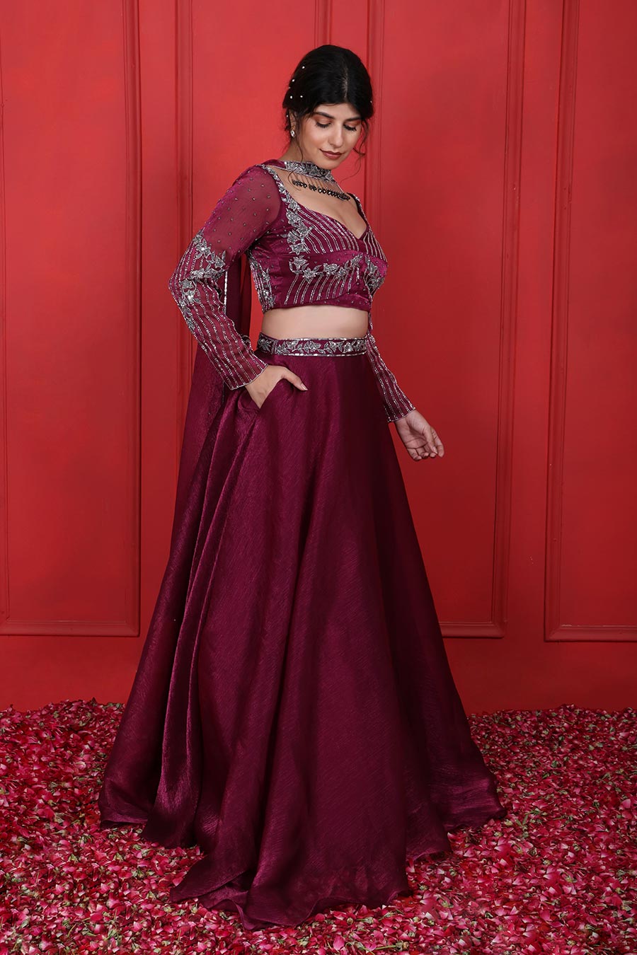 Purple Tissue Embroidered Lehenga Set With Choker Dupatta