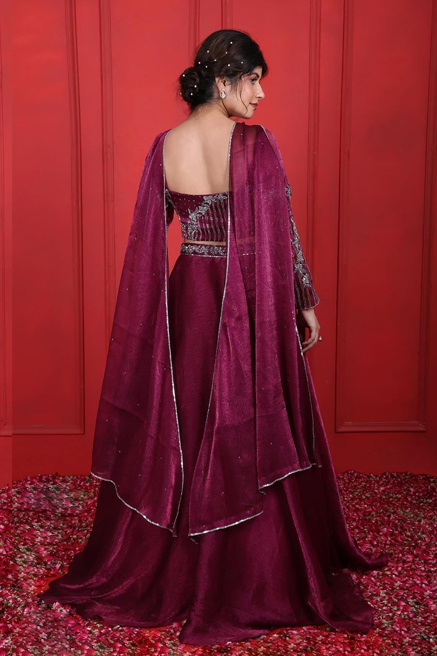 Purple Tissue Embroidered Lehenga Set With Choker Dupatta