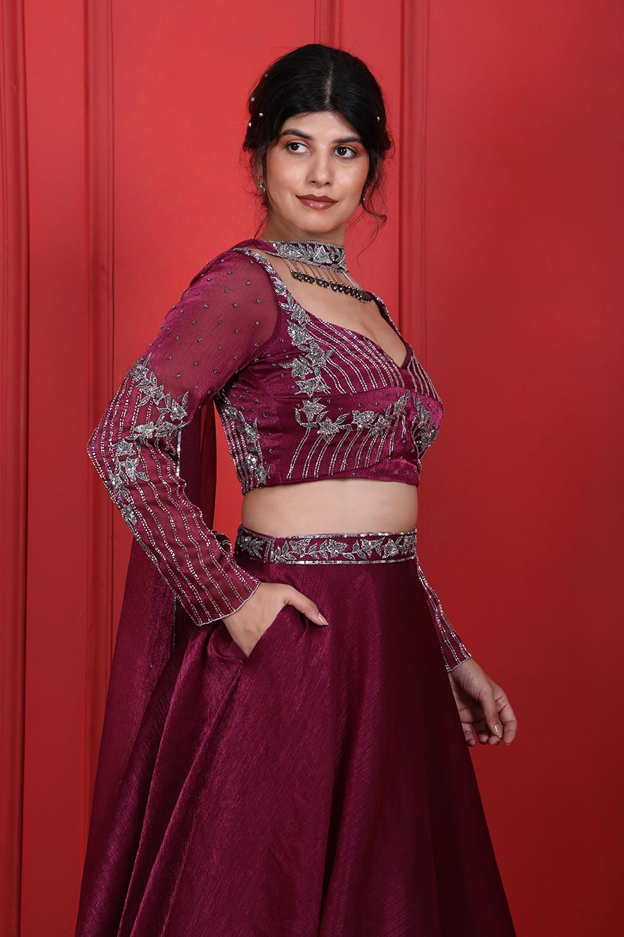 Purple Tissue Embroidered Lehenga Set With Choker Dupatta