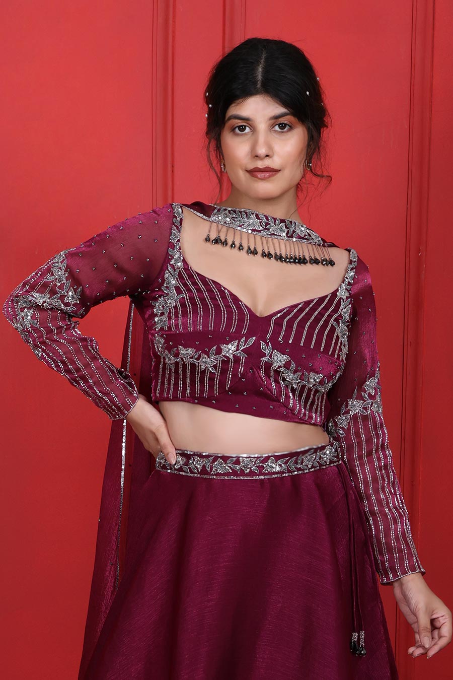 Purple Tissue Embroidered Lehenga Set With Choker Dupatta