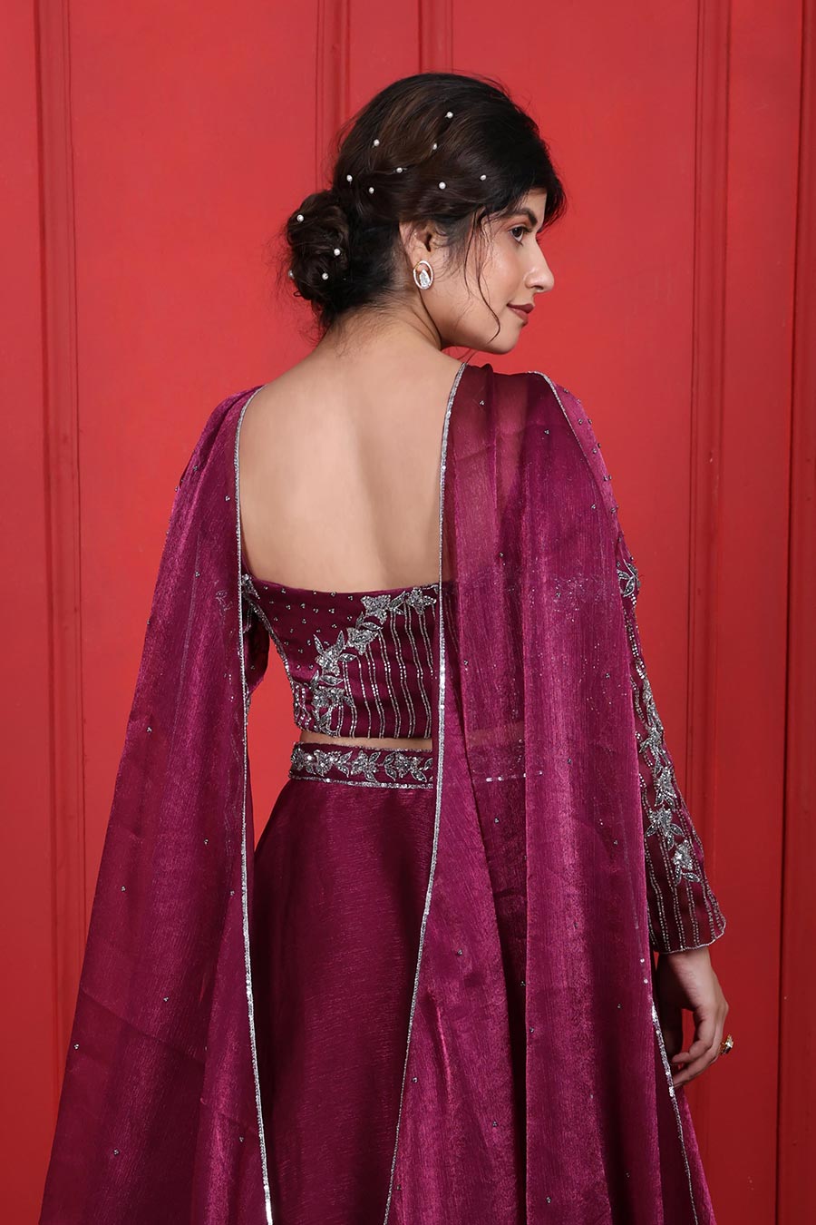 Purple Tissue Embroidered Lehenga Set With Choker Dupatta