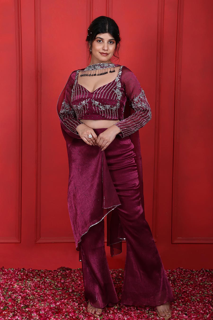Purple Tissue Embroidered Kurta Set With Choker Dupatta