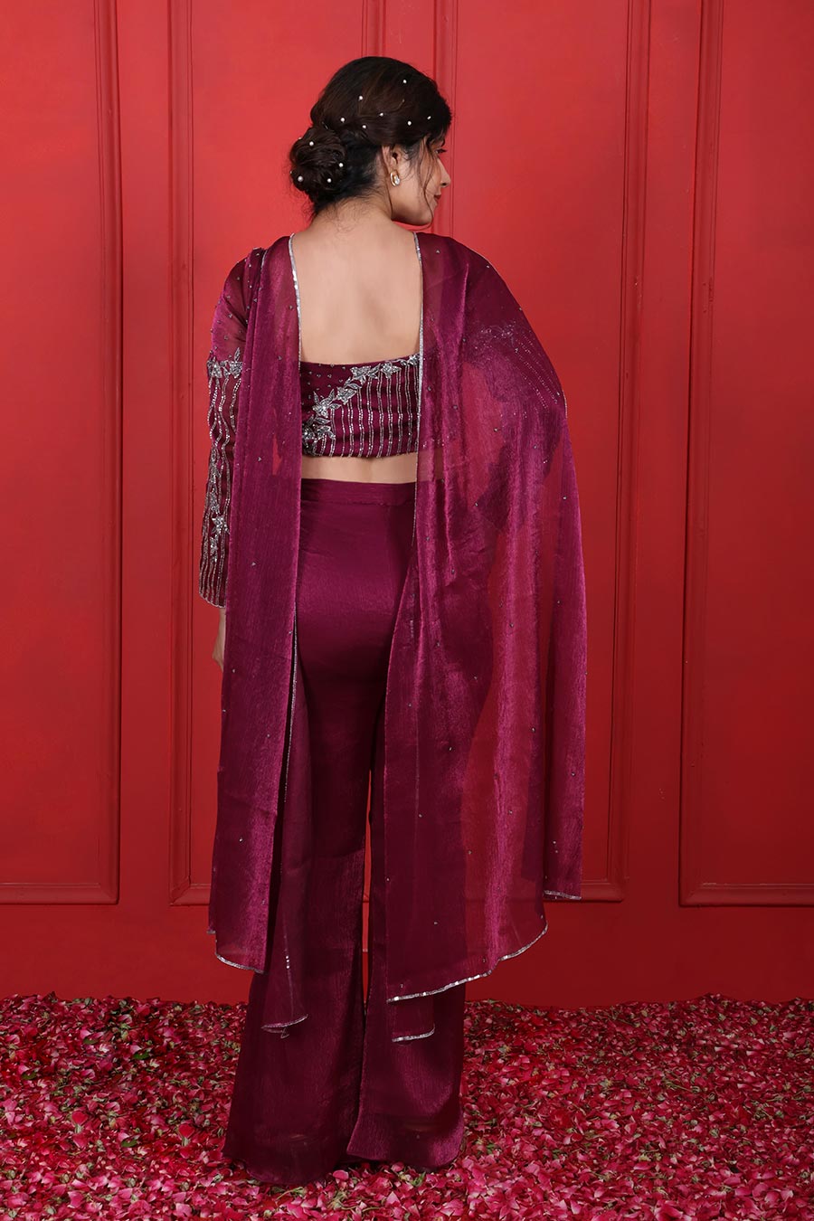 Purple Tissue Embroidered Kurta Set With Choker Dupatta