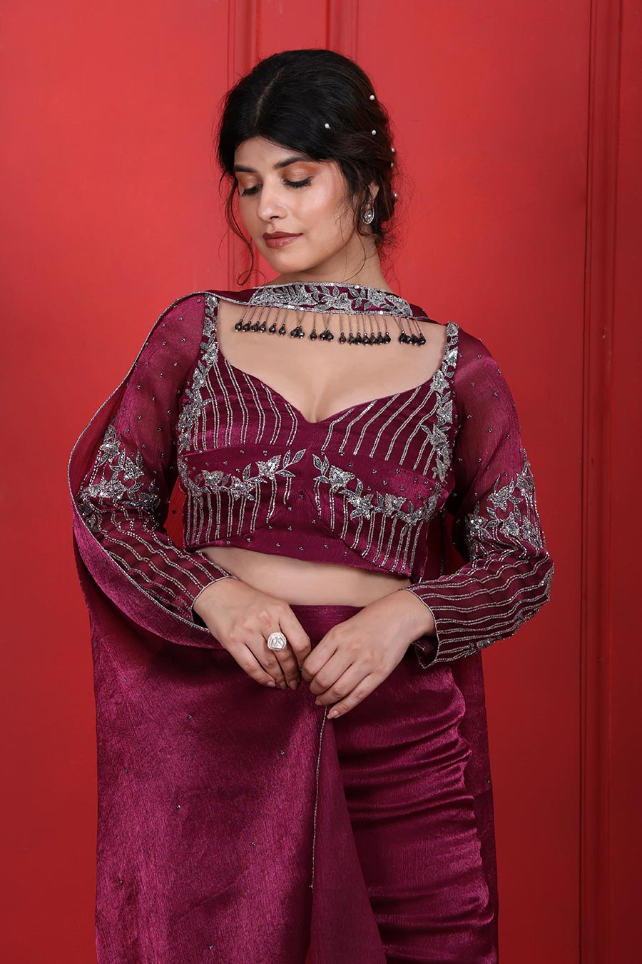 Purple Tissue Embroidered Kurta Set With Choker Dupatta