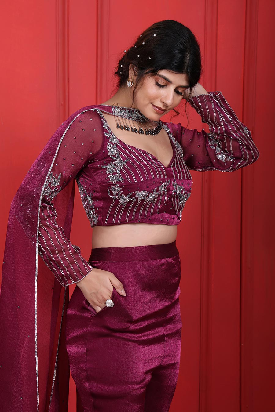 Purple Tissue Embroidered Kurta Set With Choker Dupatta