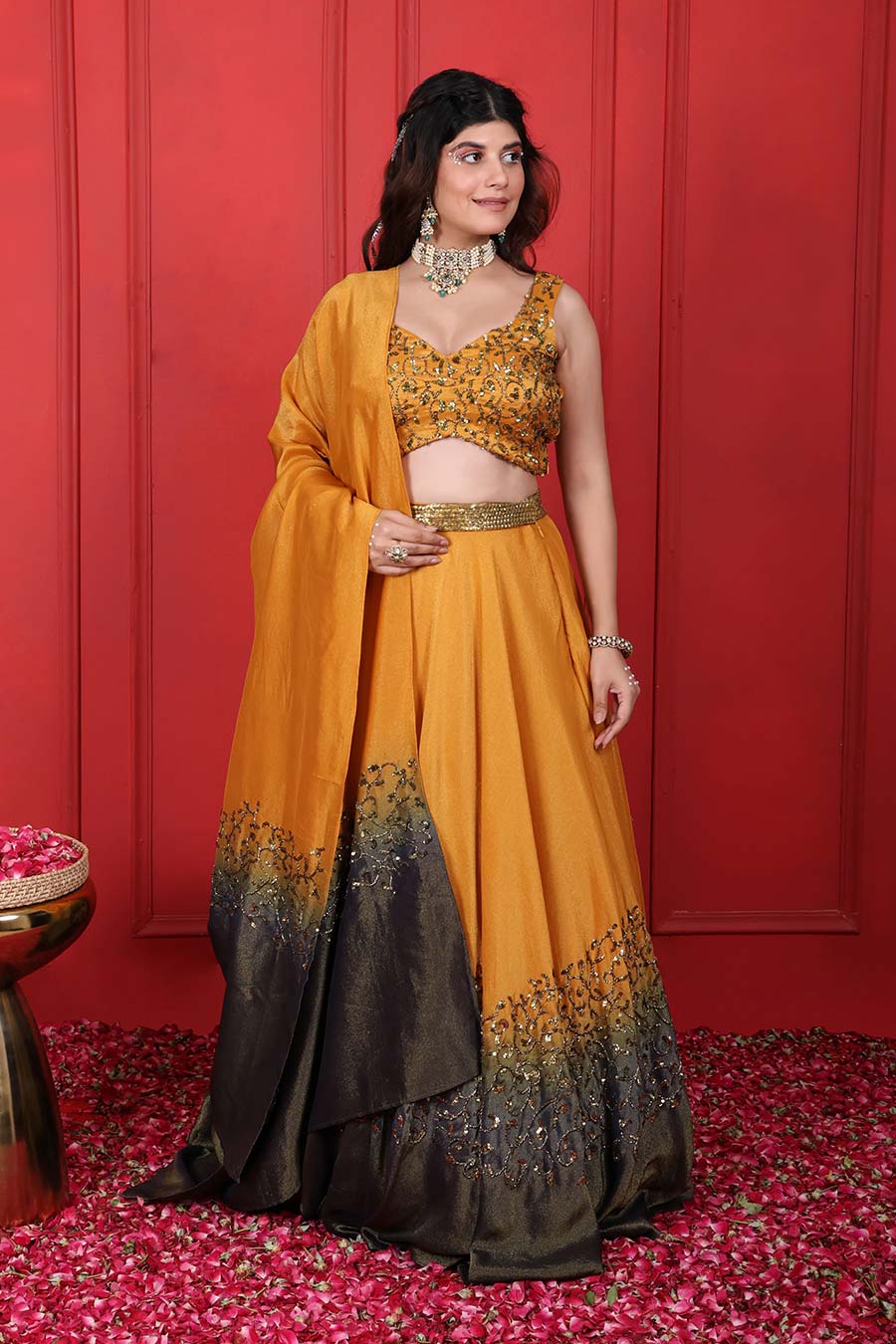 Goldenrod & Grey Ombre Embroidered Lehenga Set