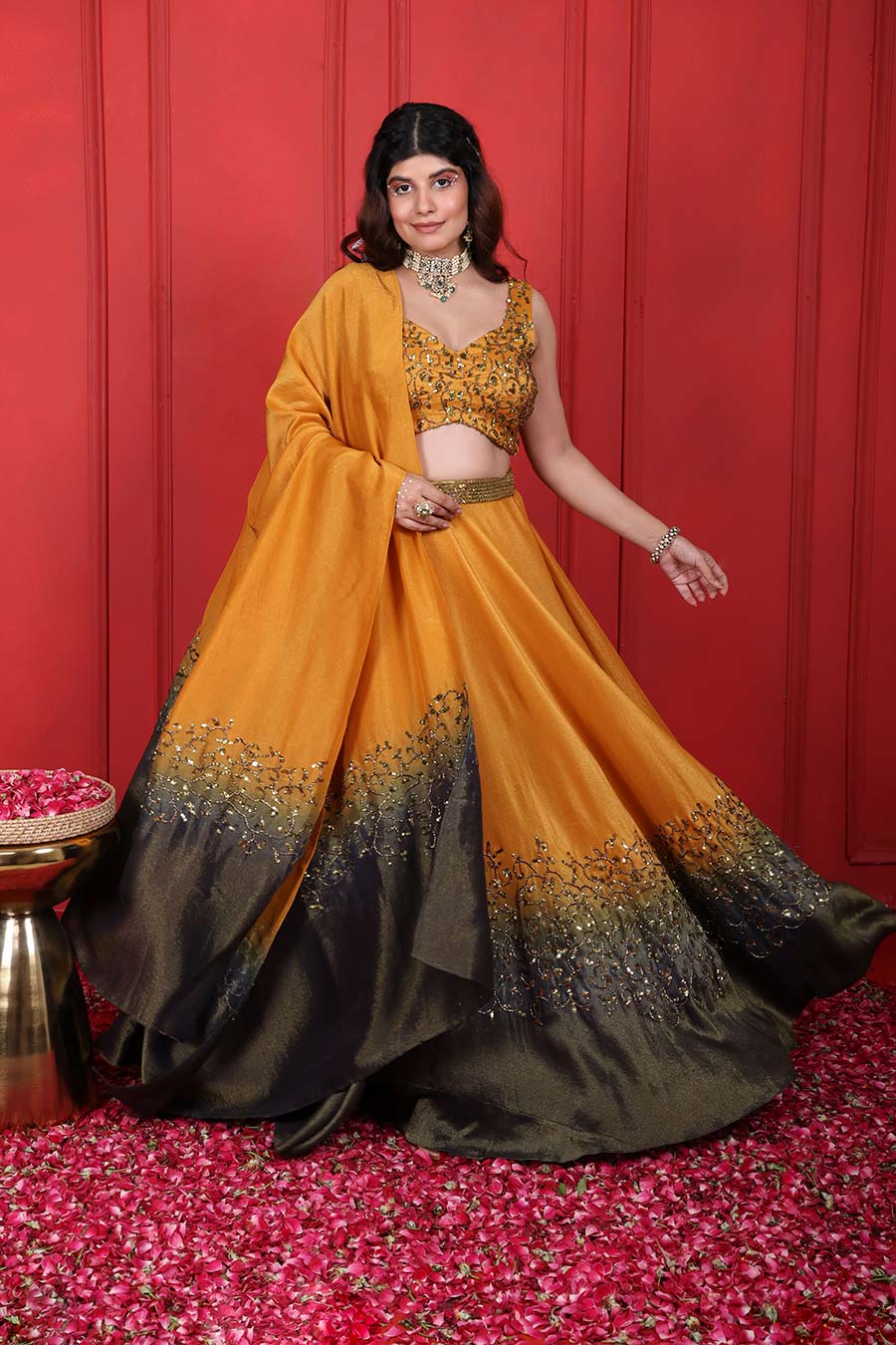 Goldenrod & Grey Ombre Embroidered Lehenga Set