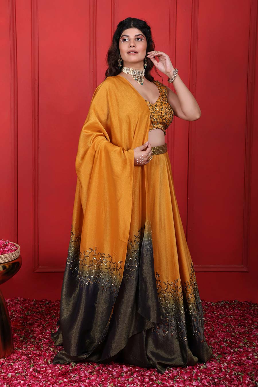 Goldenrod & Grey Ombre Embroidered Lehenga Set