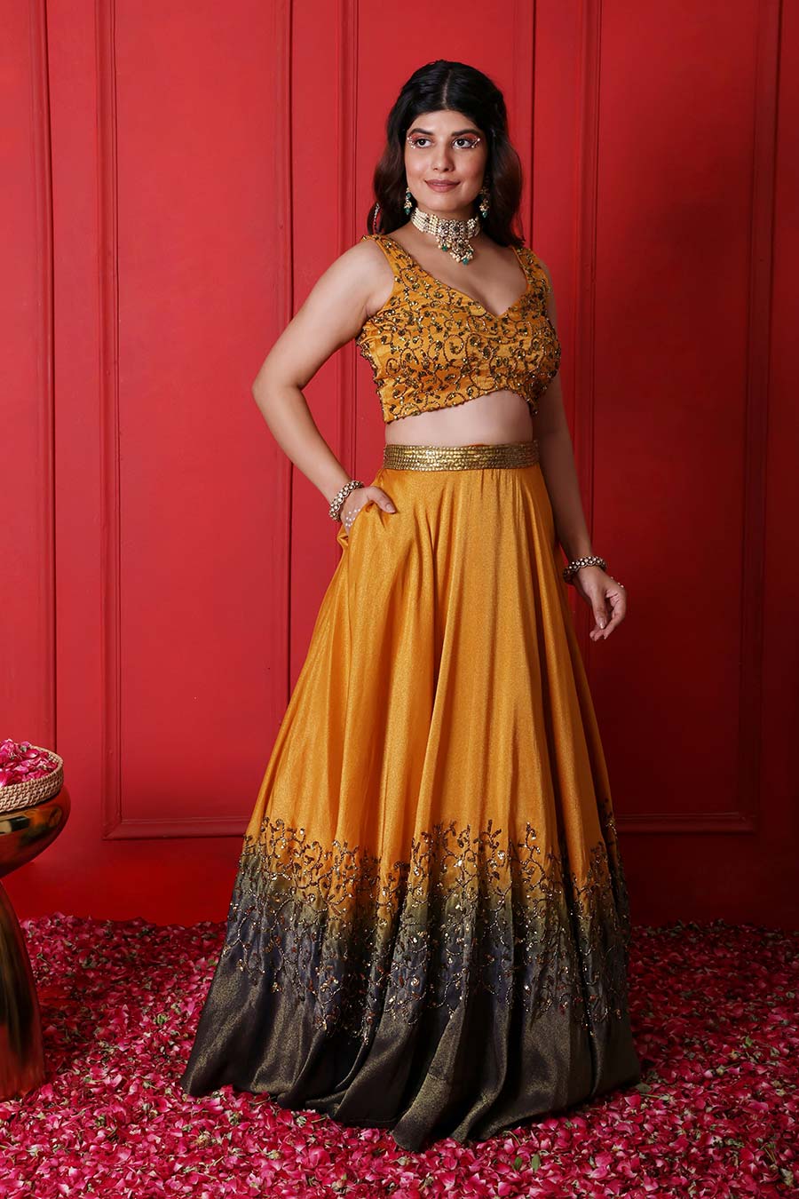 Goldenrod & Grey Ombre Embroidered Lehenga Set