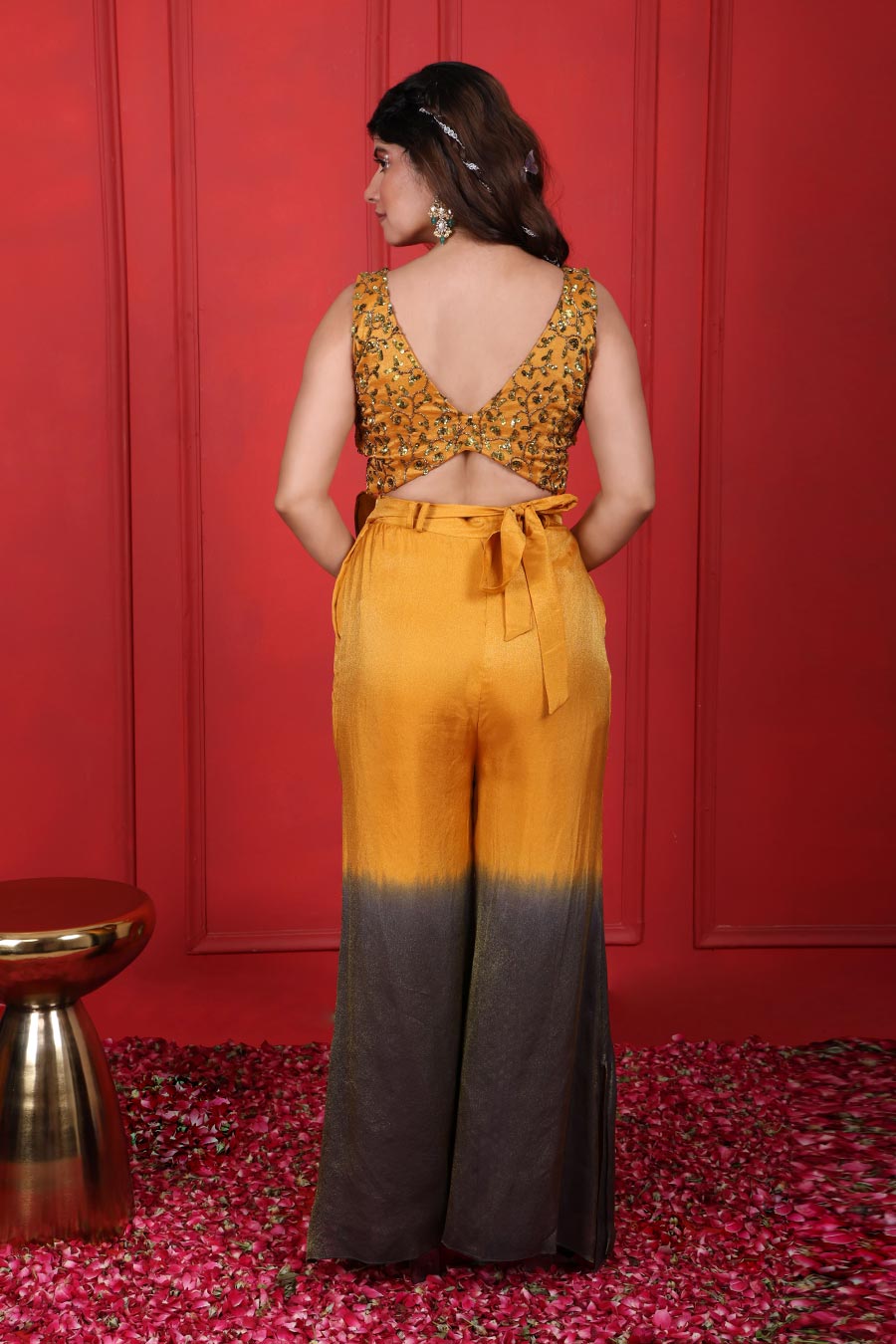 Goldenrod & Grey Ombre Embroidered Co-Ord Set With Bag