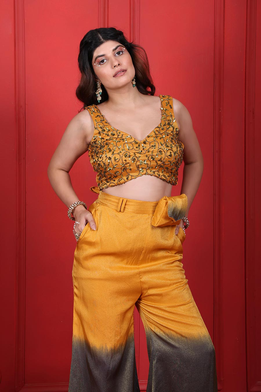 Goldenrod & Grey Ombre Embroidered Co-Ord Set With Bag