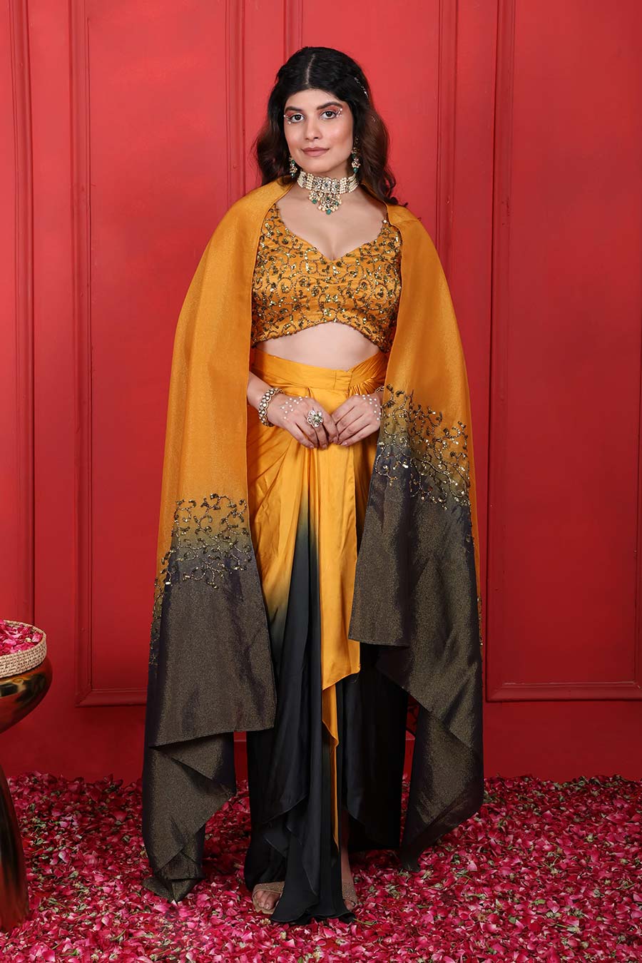 Goldenrod & Grey Ombre Embroidered 3Pc Co-Ord Set