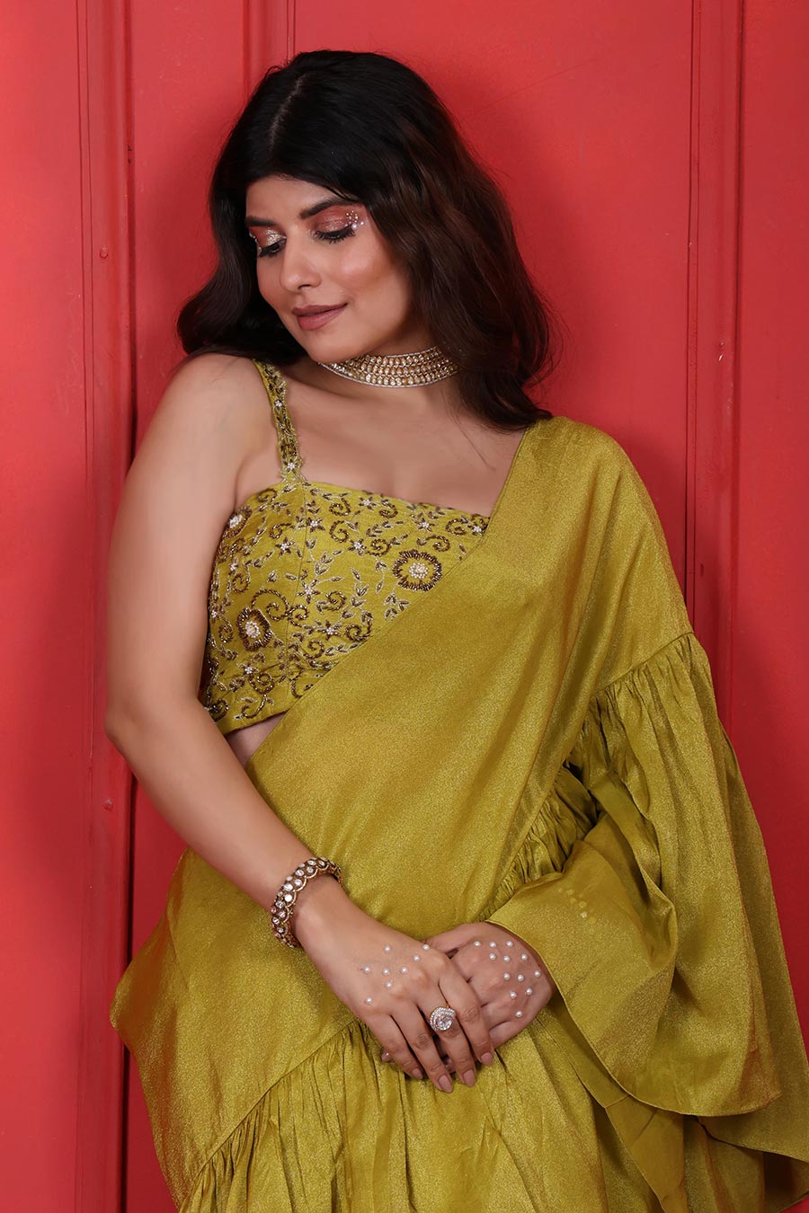 Green Tissue Embroidered Blouse Ruffle Saree Set