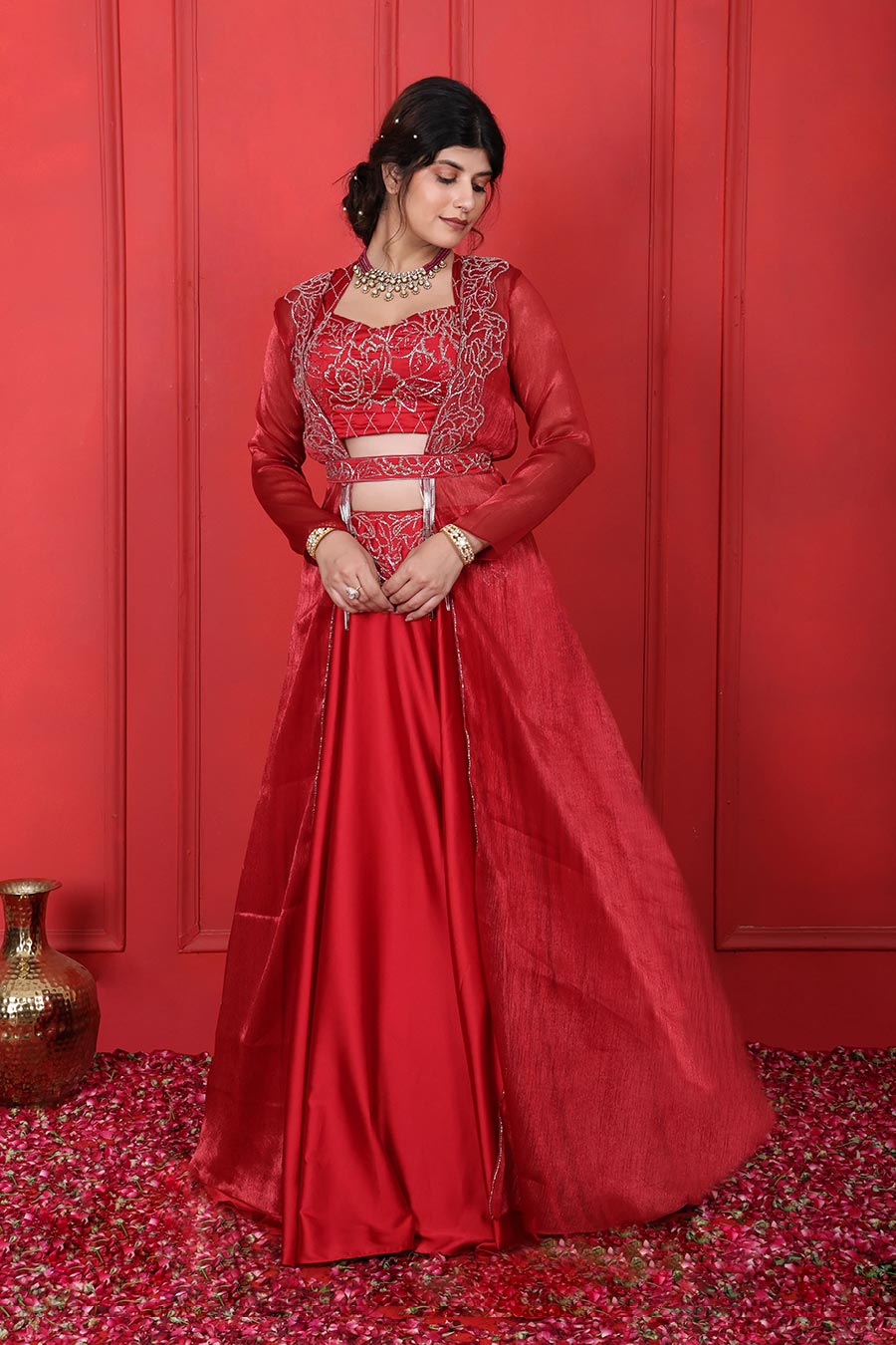 Red Embroidered 4Pc Lehenga Jacket Set With Belt