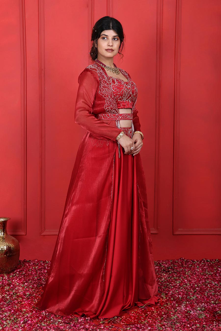 Red Embroidered 4Pc Lehenga Jacket Set With Belt